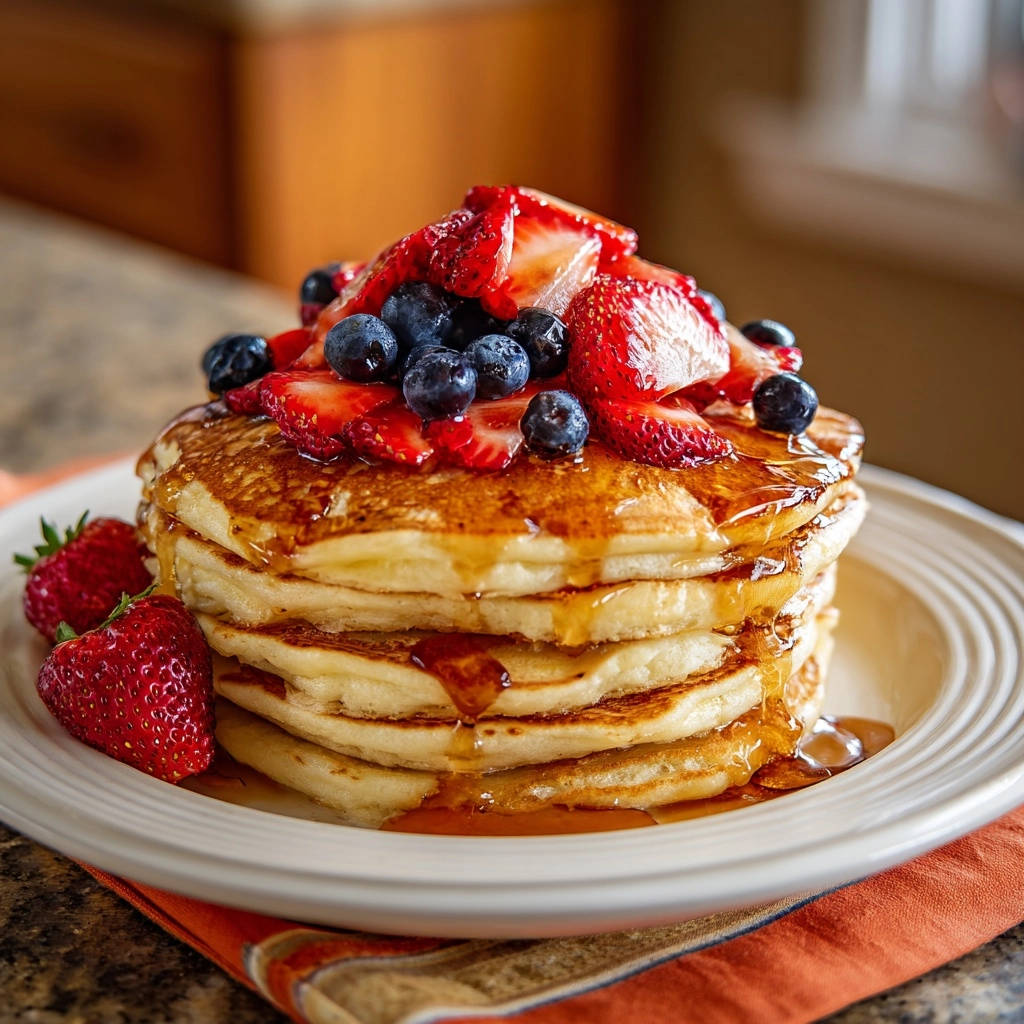 Fluffy stack pancakes topped with strawberries, blueberries, and drizzled with syrup.