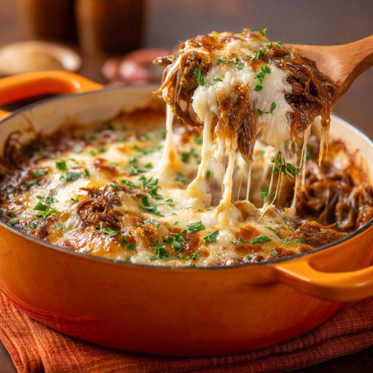 French onion pulled beef with long strands of melted cheese being pulled up from the dish with a spoon.