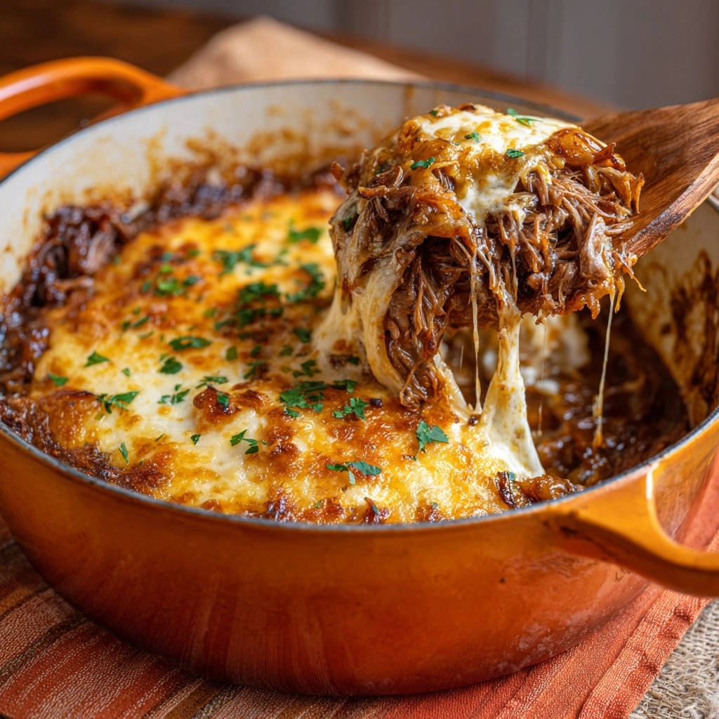 French onion pulled beef with gooey melted cheese being served from a Dutch oven.