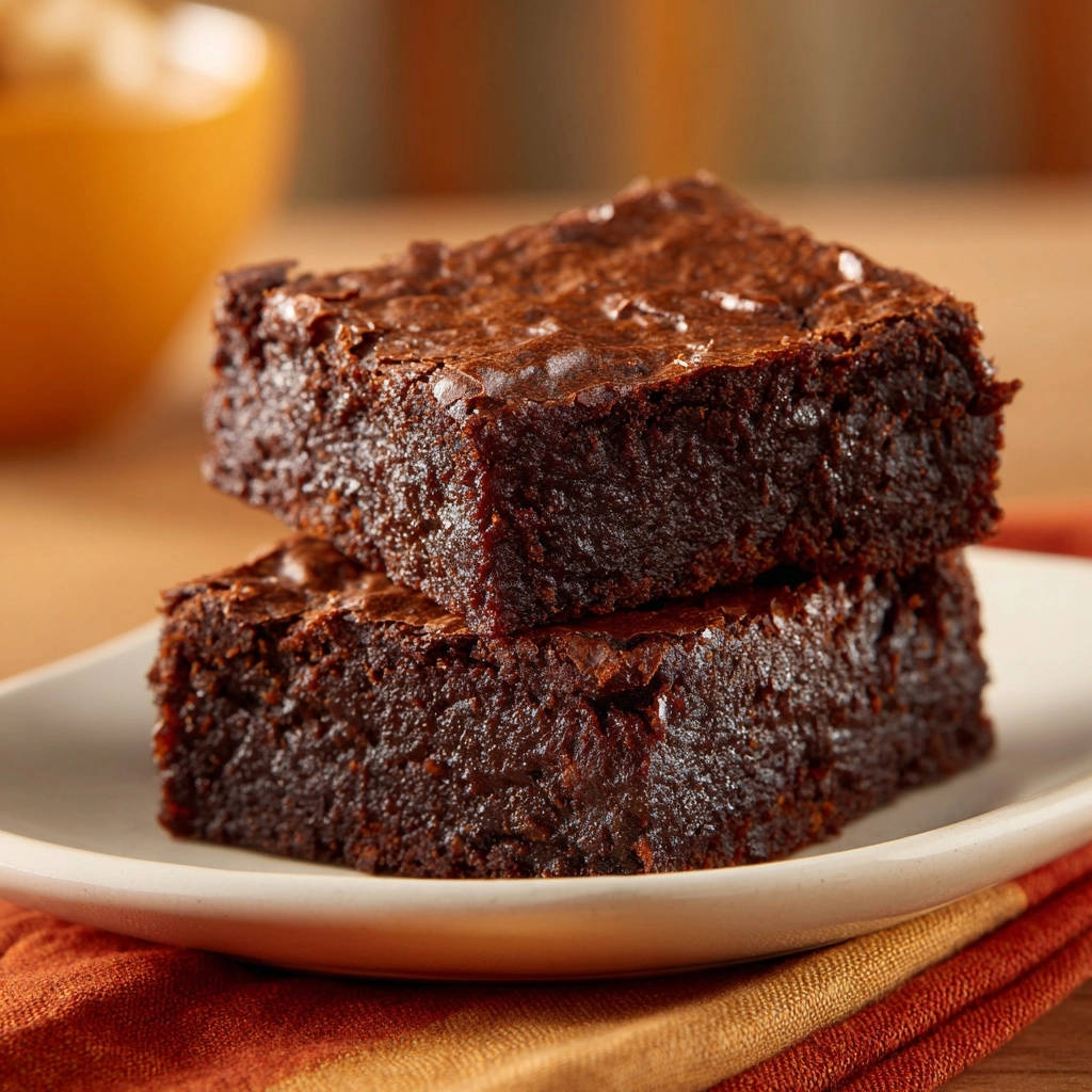 Fudgy chocolate orange brownies stacked in a close-up view on a white plate with an orange napkin.