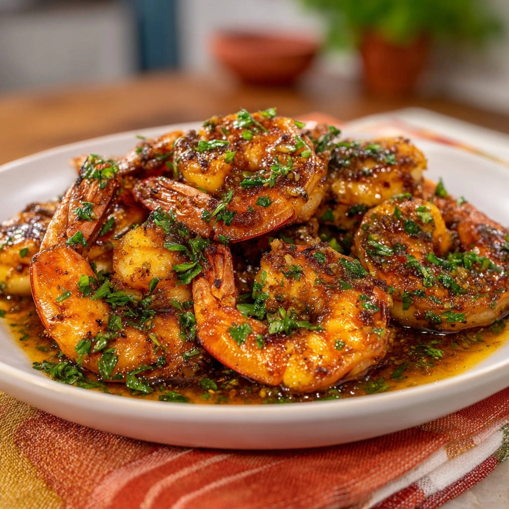 Garlic herb shrimp, a close-up view showcasing the glistening sauce and fresh parsley garnish.