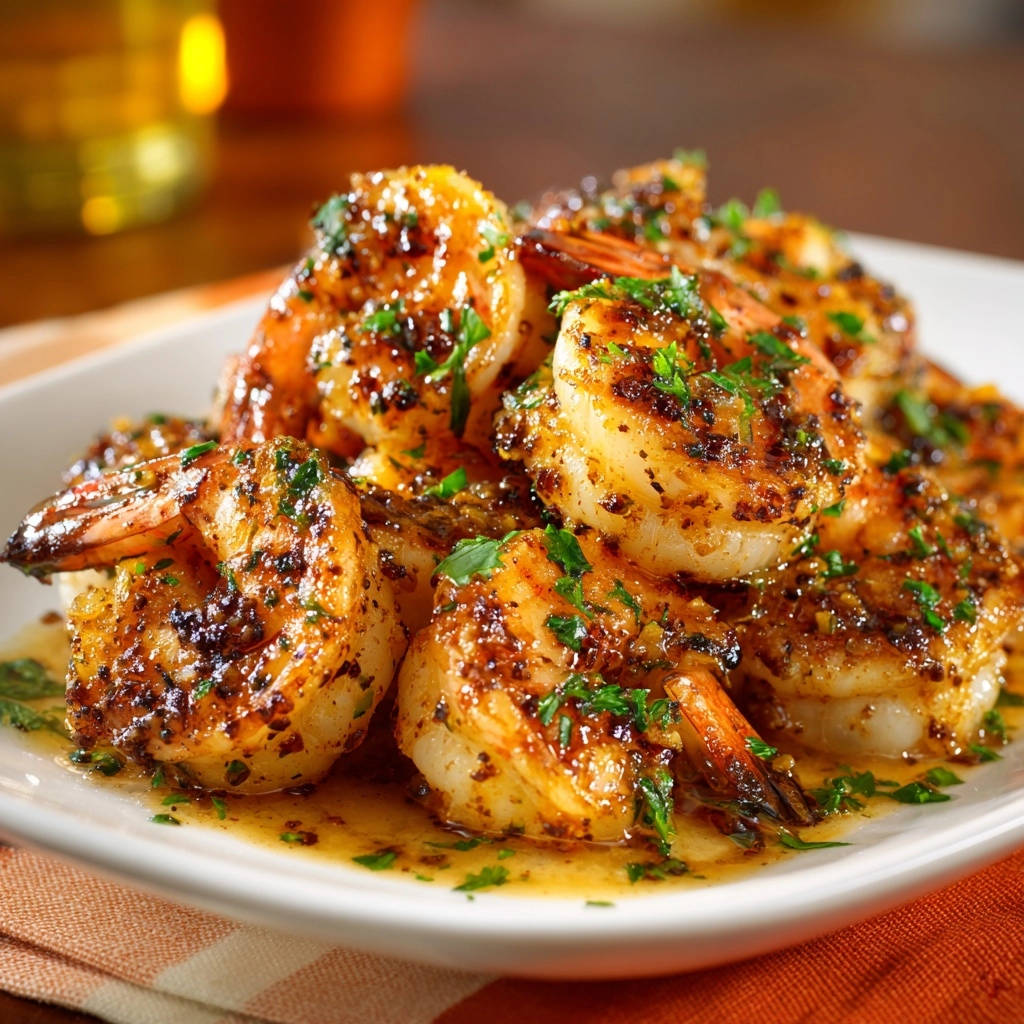 Perfect Garlic Herb Shrimp served glistening on a white plate, showcasing its tender texture and fresh parsley garnish.
