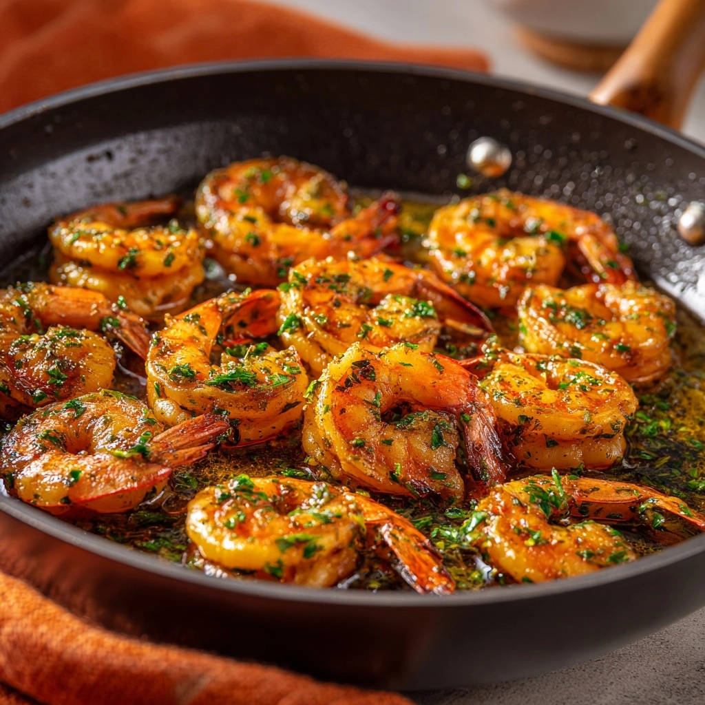 Easy Garlic Herb Shrimp in a skillet, glistening with sauce and fresh parsley, viewed from a close-up angle.