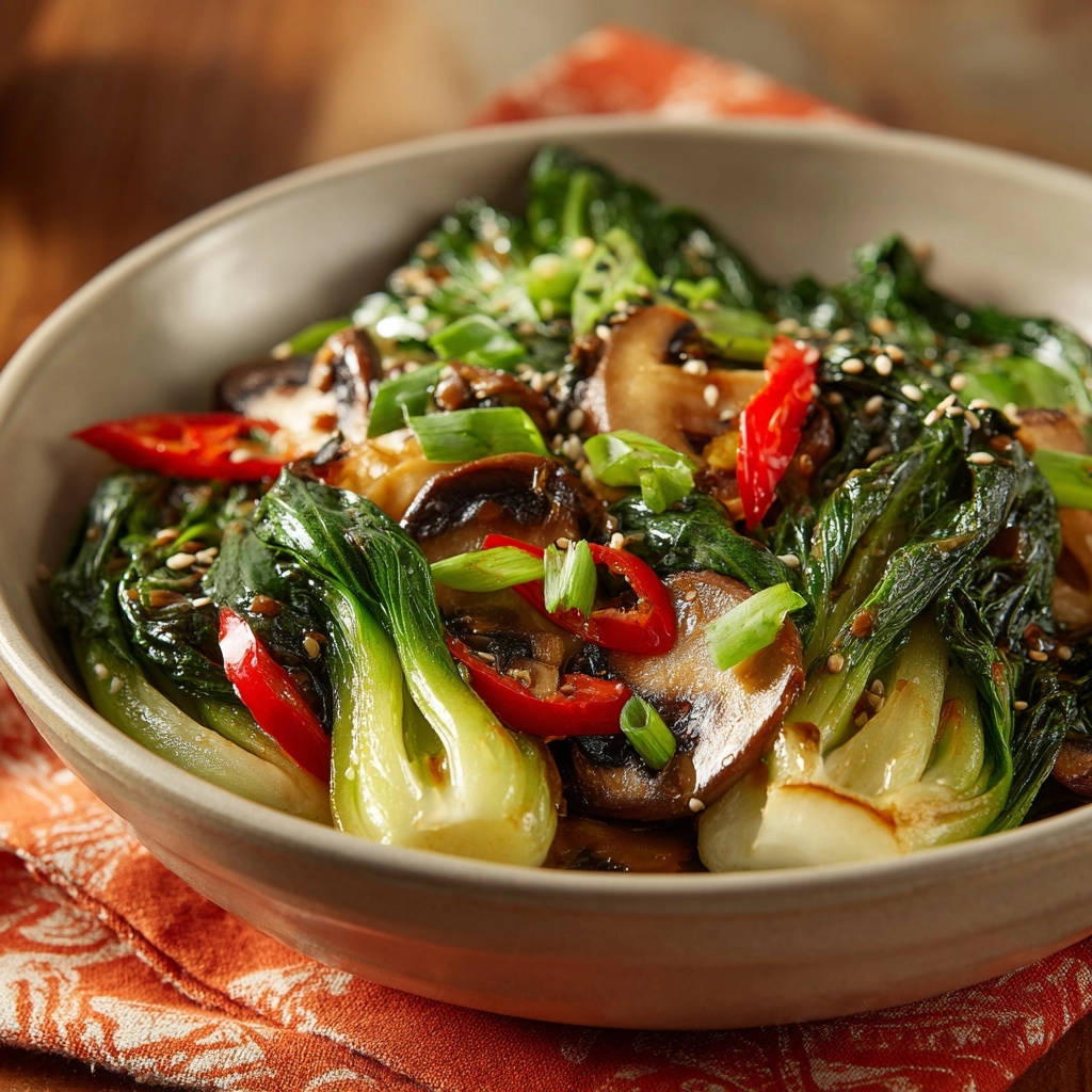 Savory Garlic Mushroom Bok Choy Stir-Fry served in a bowl, showcasing vibrant greens and sliced chili peppers.