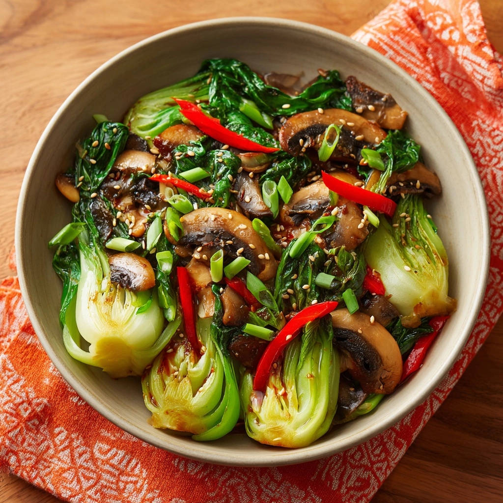Savory Garlic Mushroom Bok Choy Stir-Fry served in a bowl, showcasing a vibrant overhead view with chili and sesame seeds.