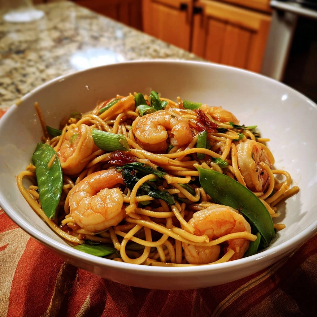 Garlic shrimp noodle stir-fry served in a white bowl, showing plump shrimp and crisp snap peas.