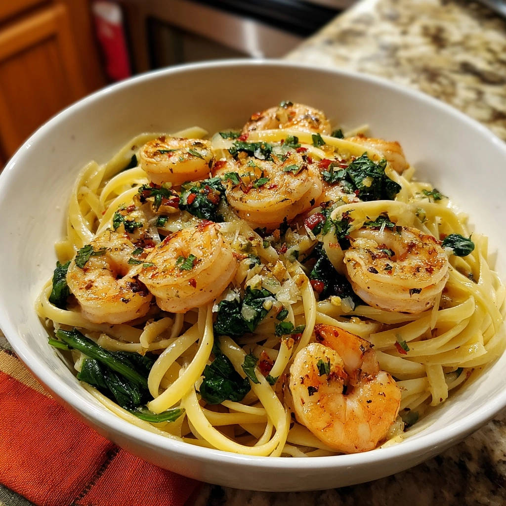 Garlic shrimp and spinach linguine in a white bowl, featuring a close-up view of the pasta and shrimp with fresh herbs.