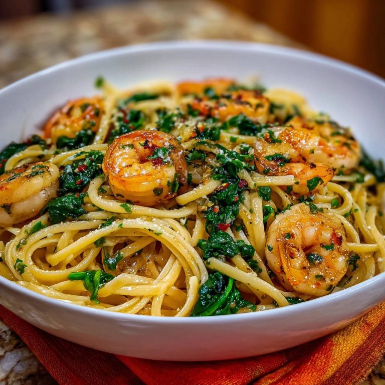 Garlic shrimp and spinach linguine in a white bowl, showcasing plump shrimp and vibrant greens in a silky sauce.