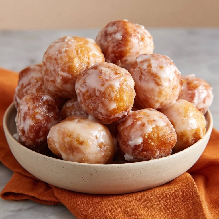 Glazed donut holes piled high in a rustic bowl, showcasing their golden-brown, fluffy texture and sweet glaze.