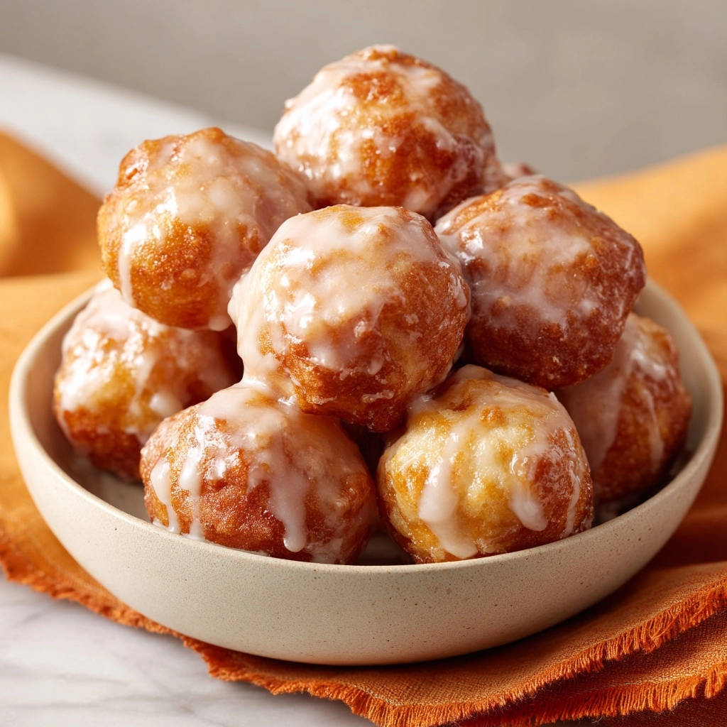 Glazed donut holes stacked in a bowl, showcasing their fluffy texture and glistening white glaze.