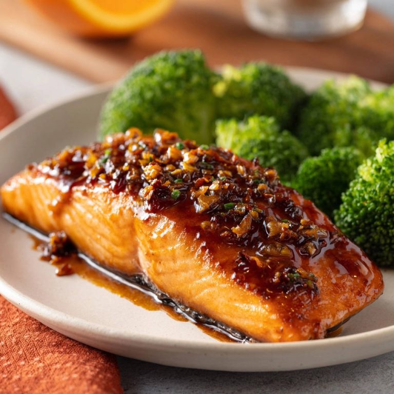 Glazed garlic herb salmon with a glistening garlic herb glaze and a side of broccoli florets.