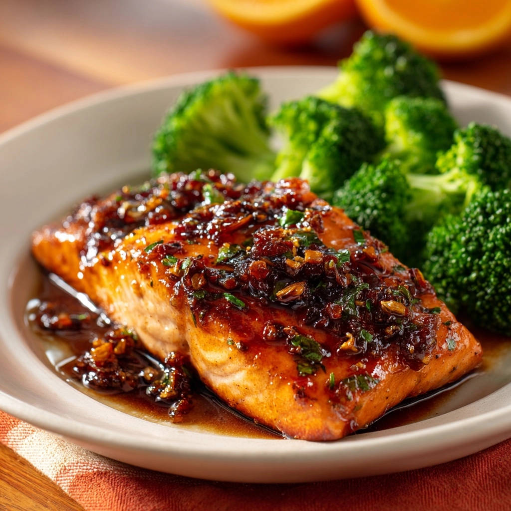 Glazed garlic herb salmon served on a plate with steamed broccoli, showing a close-up side view of the glistening glaze.