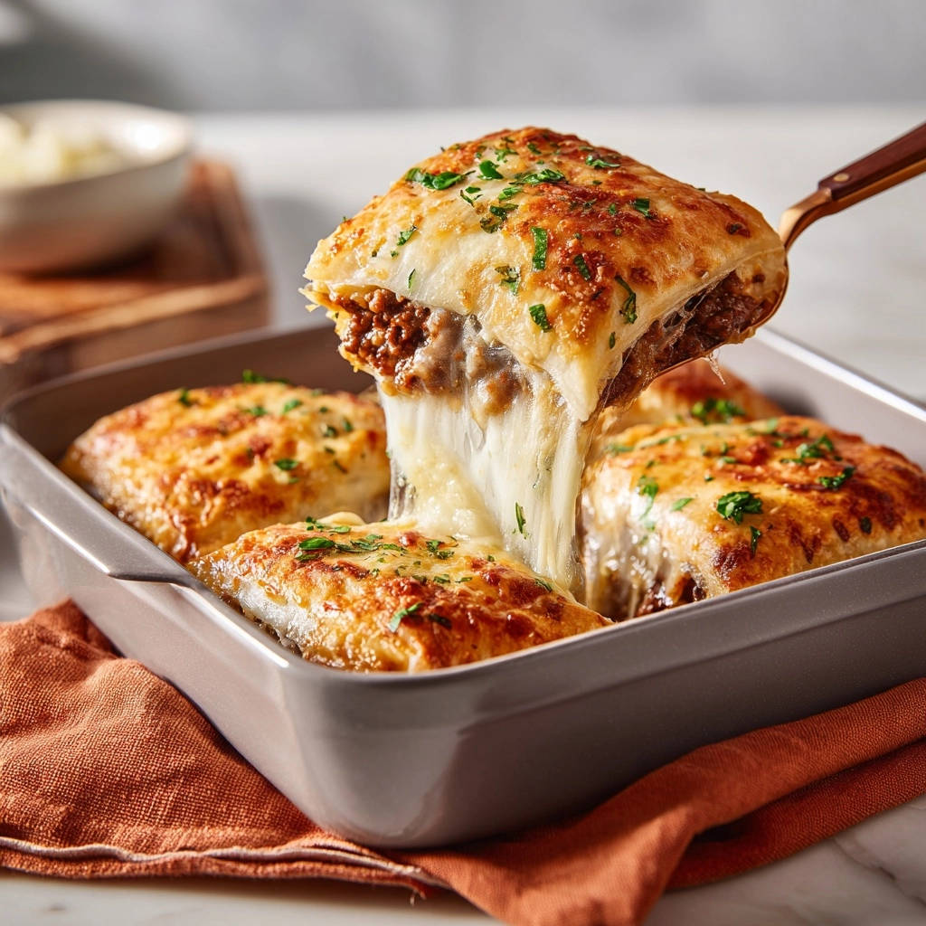 Golden beef & cheese pockets showing a gooey, melted cheese cross-section being lifted from the baking dish.