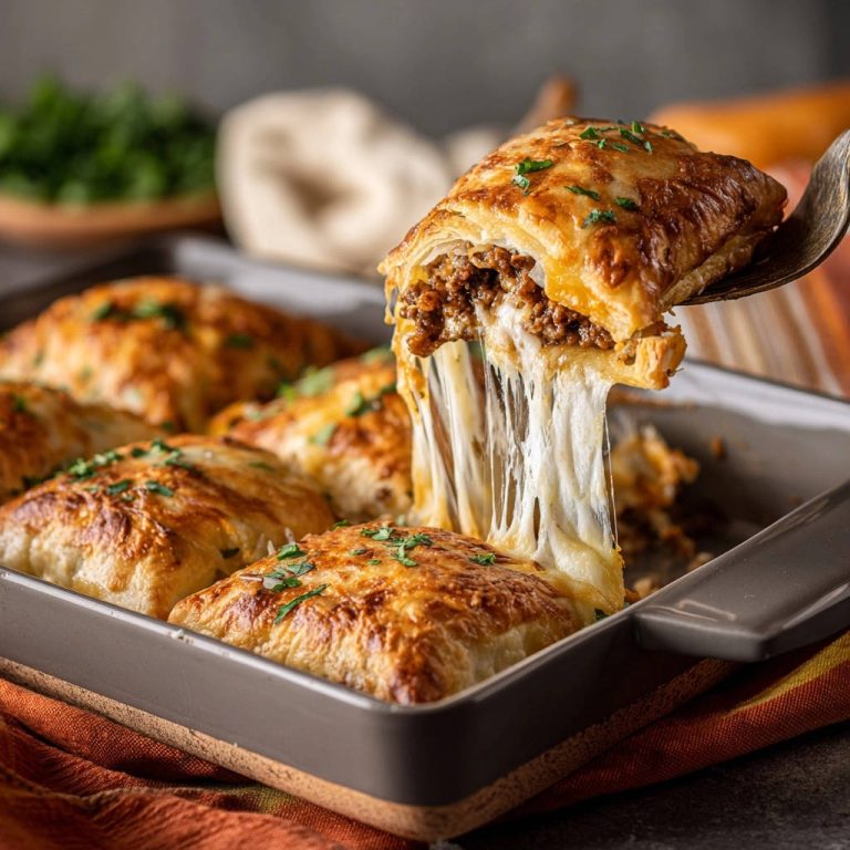 Golden beef & cheese pockets, with a generous piece being lifted, showcasing a delicious cheesy pull.