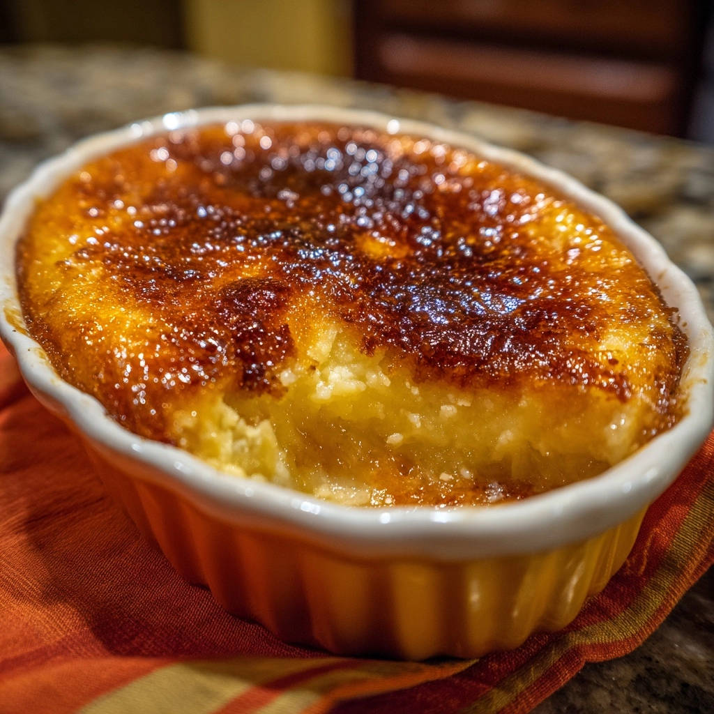 Golden caramelized pudding bake with a close-up detail of its deeply caramelized sugar topping.