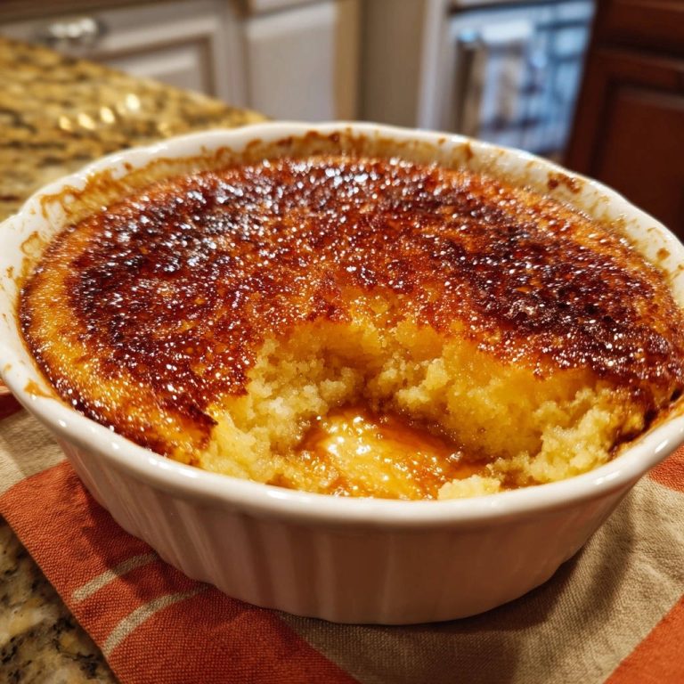 Golden caramelized pudding bake shown in a white dish with a spoon taking a bite revealing the interior.