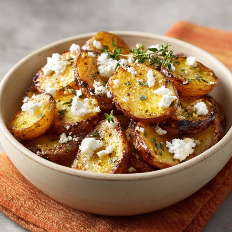 Golden roasted potatoes with feta and thyme garnish, a close-up view of the finished dish.