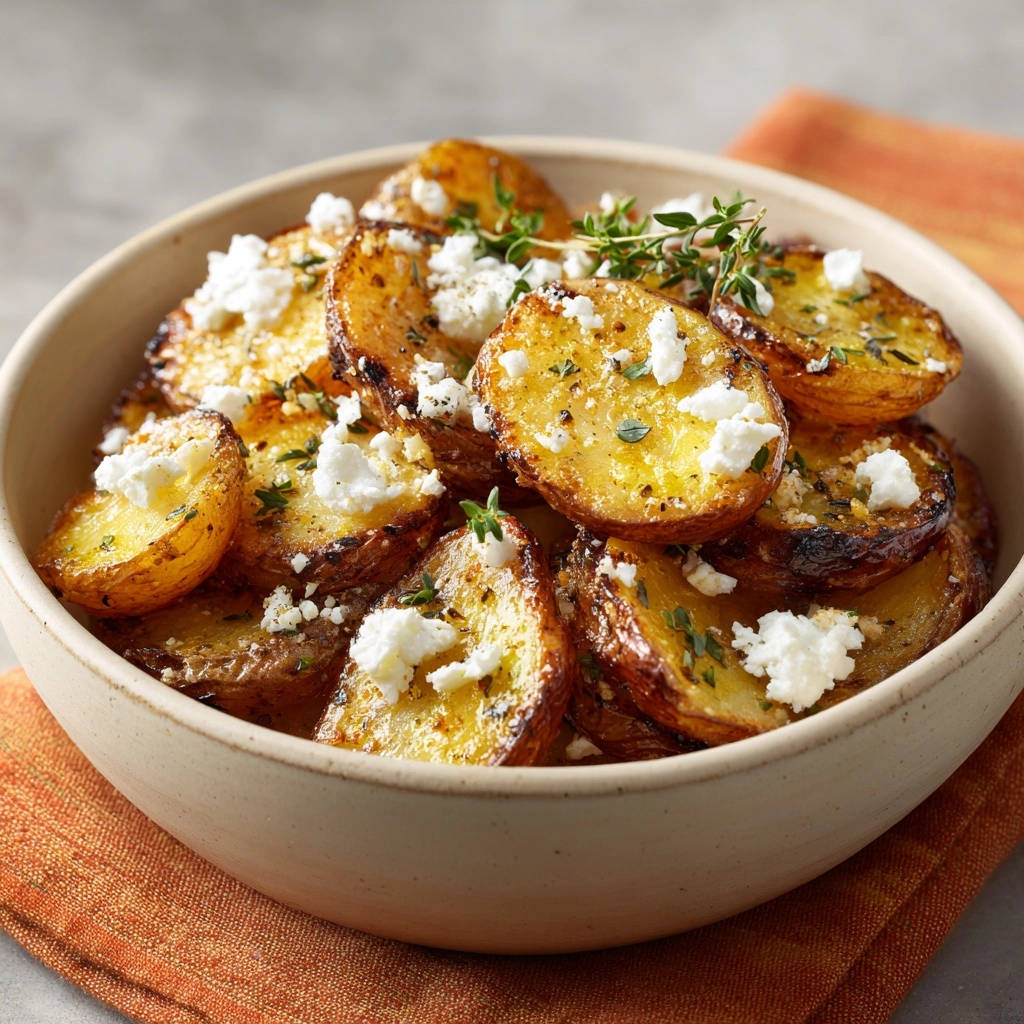 Golden roasted potatoes with feta and thyme garnish, a close-up view of the finished dish.