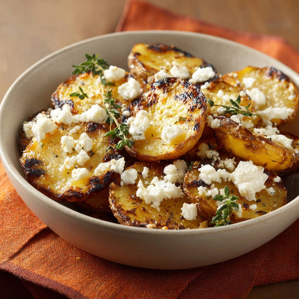 Golden roasted potatoes with feta crumbles and thyme garnish, close-up view in a white bowl.