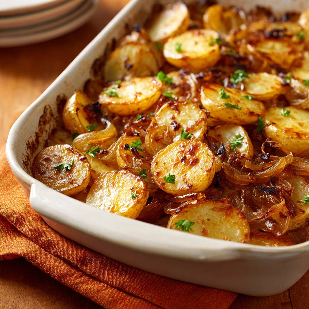 Golden roasted potatoes and onions in a casserole dish, showcasing a close-up view of the tender, browned pieces and fresh parsley garnish.