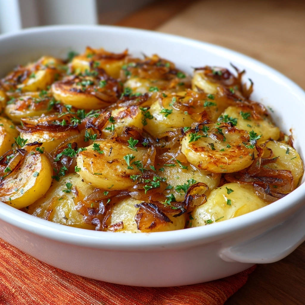 Golden roasted potatoes and onions dish shown in a close-up view from a white baking dish.