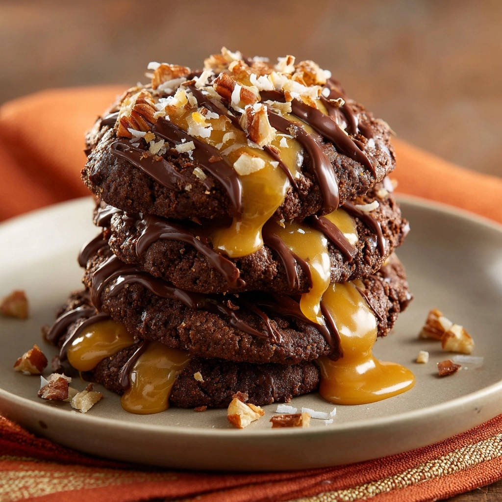 Gooey caramel chocolate nut cookies stacked high, drizzled with rich chocolate and topped with nuts.
