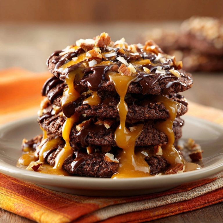Gooey caramel chocolate nut cookies stacked high and drizzled with rich chocolate and caramel sauce.