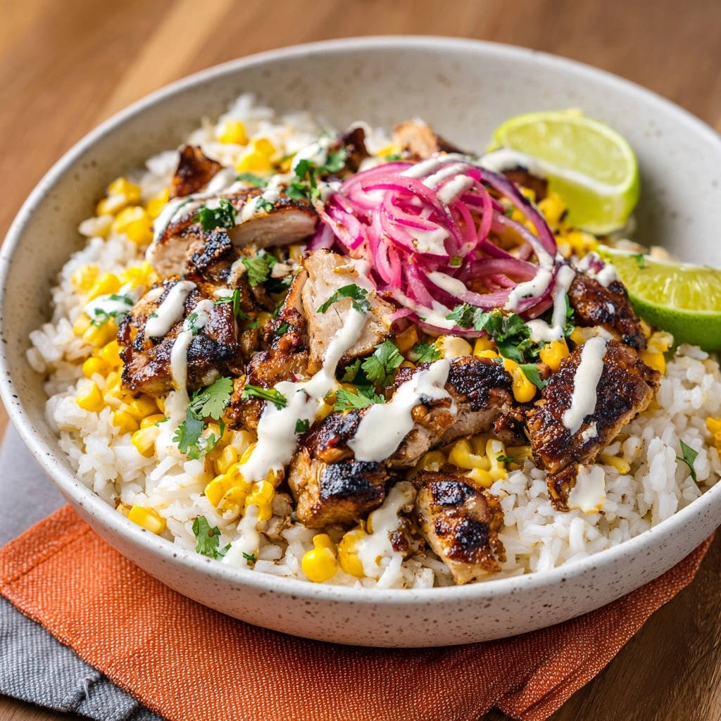 Grilled Chicken & Corn Rice Bowl with a creamy drizzle and pickled red onions, presented in a close-up view.