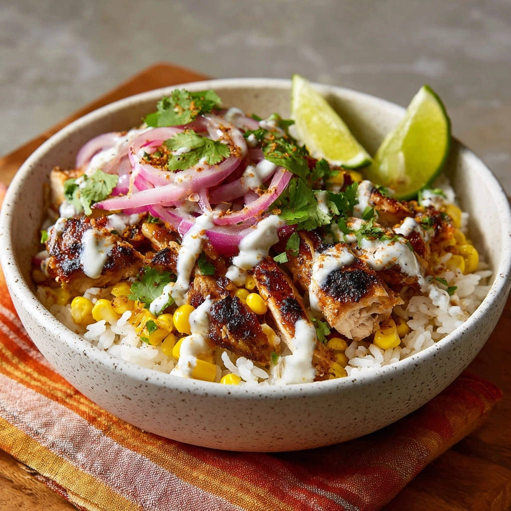 Grilled chicken and corn rice bowl garnished with red onion, cilantro, and lime wedges.