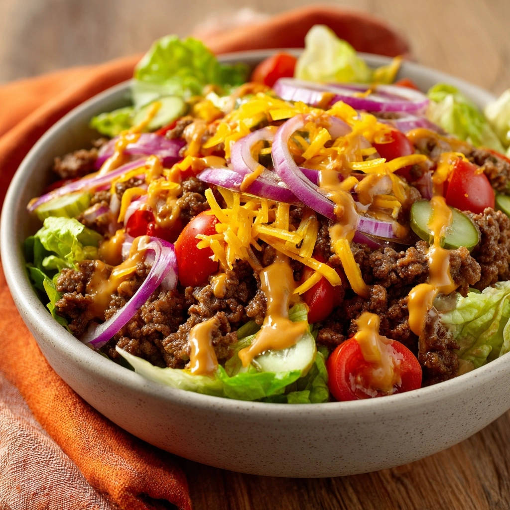 Ultimate ground beef salad loaded with shredded cheese, red onion, tomatoes, and cucumber slices, drizzled with dressing.