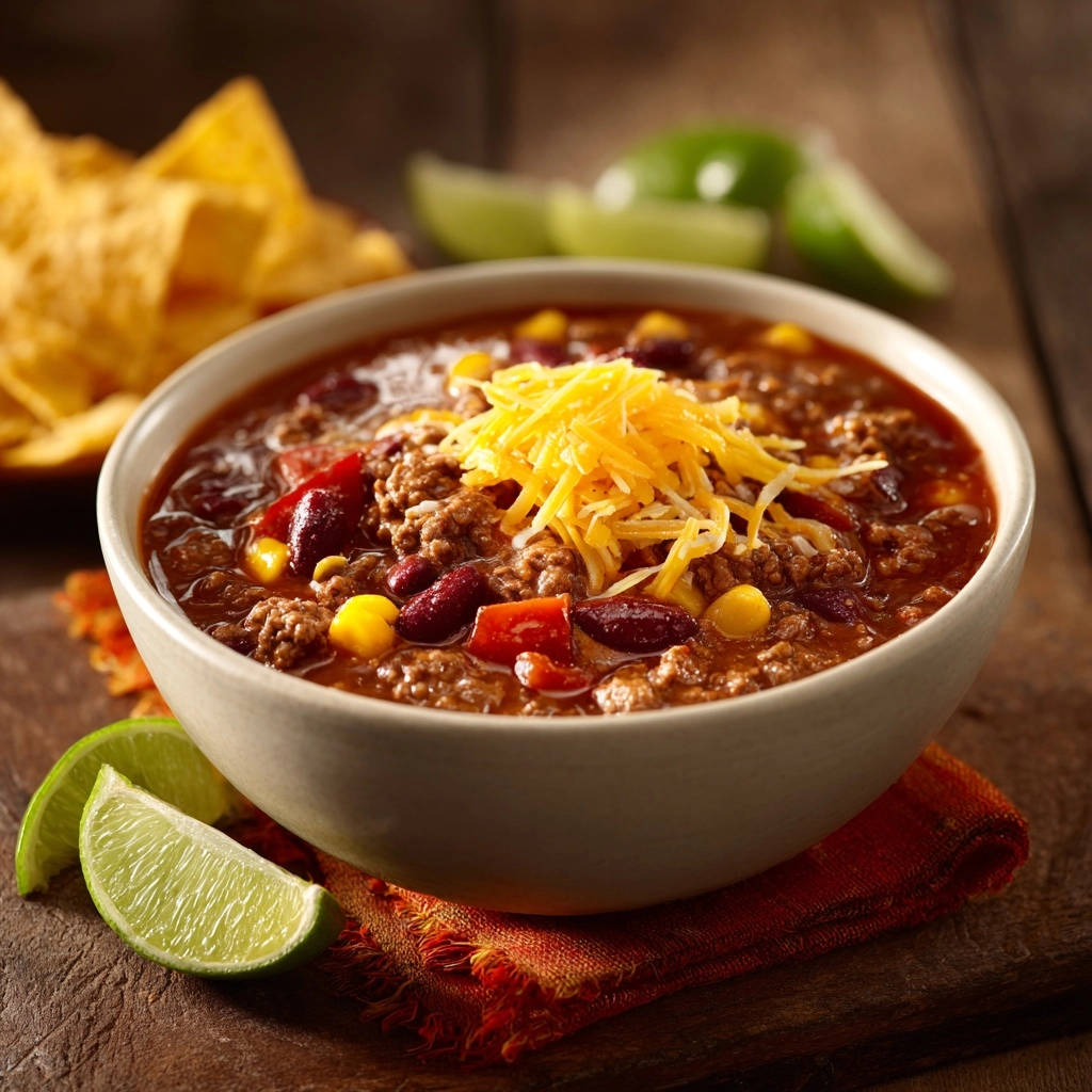 Hearty beef & bean chili in a bowl generously topped with shredded cheddar cheese and garnished with lime wedges.