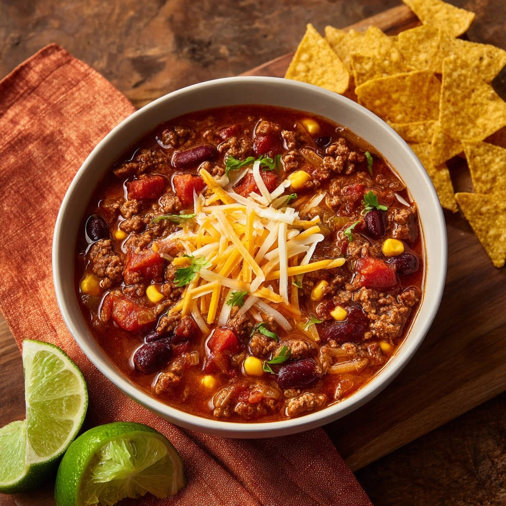 Hearty Beef & Bean Chili served in a bowl, topped with shredded cheese and garnished with chopped parsley, next to tortilla chips.