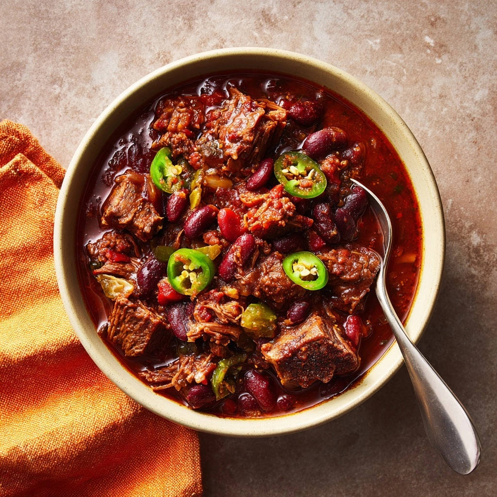 Hearty beef and bean chili in a bowl, garnished with jalapeños and a spoon, viewed from overhead.