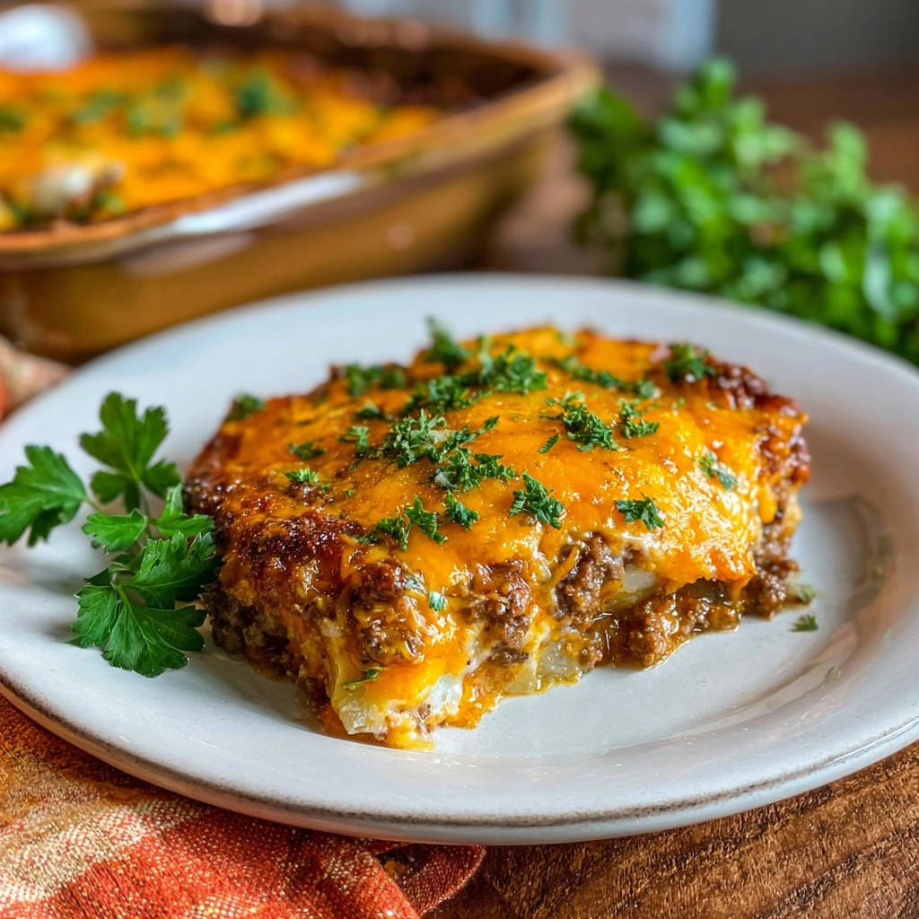 Hearty beef & potato bake shown as a plated cross-section with melted cheese and parsley garnish.