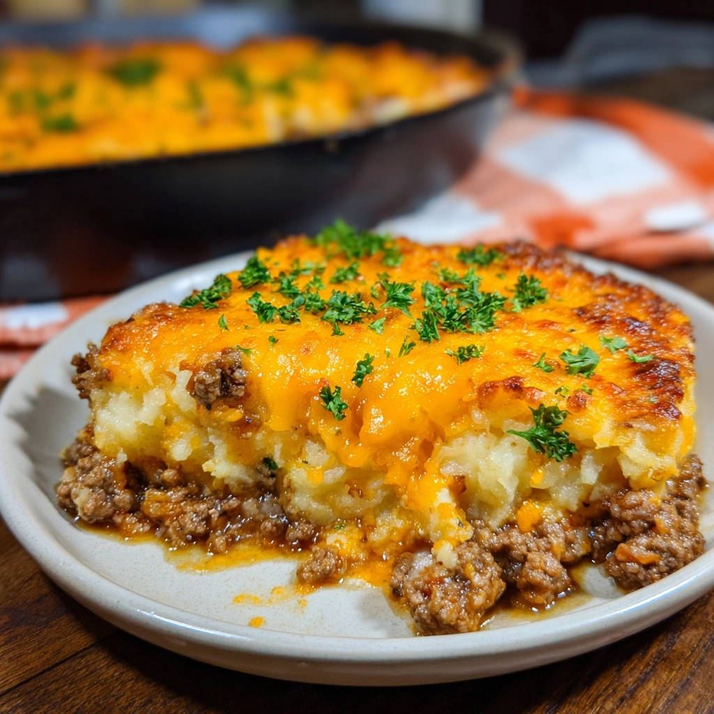 Hearty beef & potato bake plated slice showing layers of seasoned ground beef and mashed potatoes topped with melted cheese and parsley.