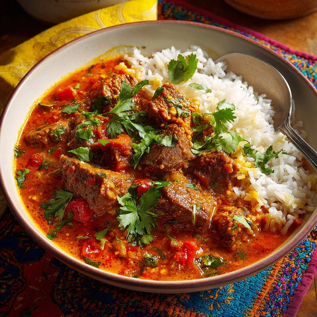 Hearty beef and tomato stew with fluffy white rice, garnished with fresh parsley, presented in a rustic bowl.