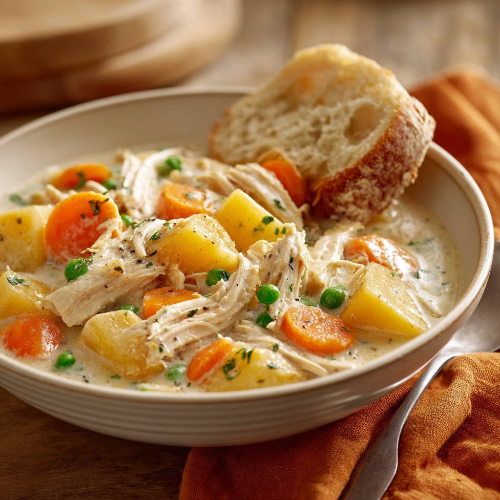 Hearty chicken & veggie soup in a bowl with a crusty bread slice, featuring potatoes, carrots, and peas.