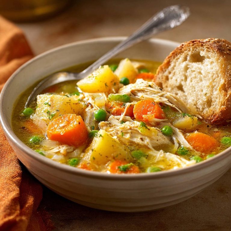 Hearty Chicken & Veggie Soup served in a bowl with a crusty bread slice and a spoon.