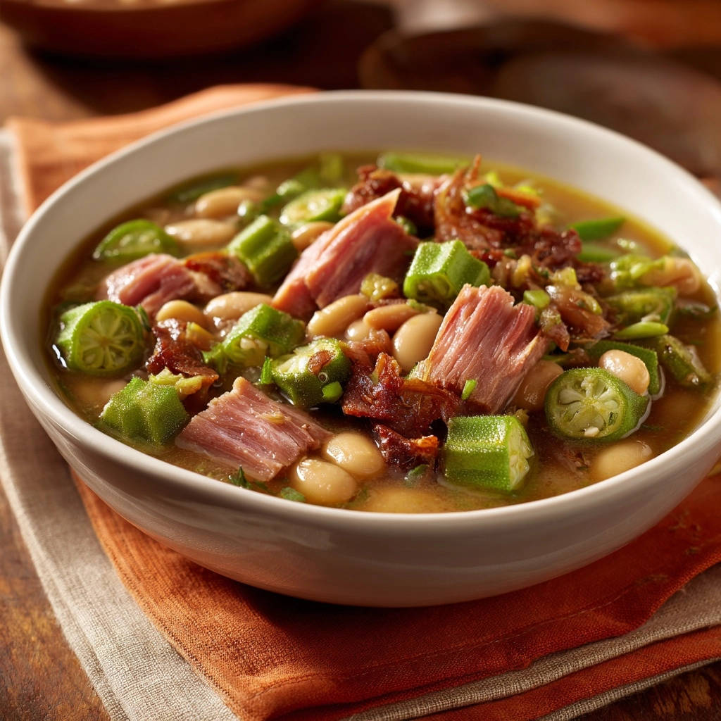 Hearty ham and bean stew with okra and bacon served in a close-up view of a white bowl.