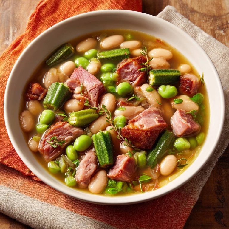 Hearty ham and bean stew with okra and lima beans served in a close-up view of a rustic bowl.