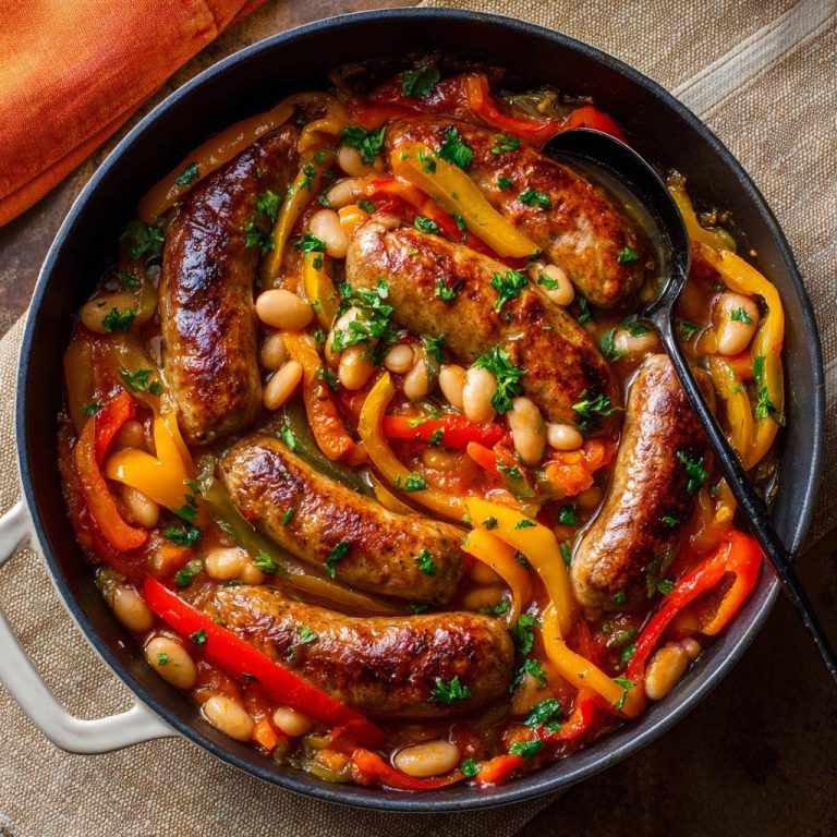 Hearty sausage and pepper skillet served in a black pan with a close-up overhead view, showcasing tender sausages and colorful bell peppers.