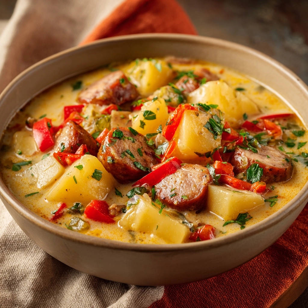 Hearty sausage and potato soup in a rustic bowl, showing tender chunks of potato and sausage in a creamy broth.
