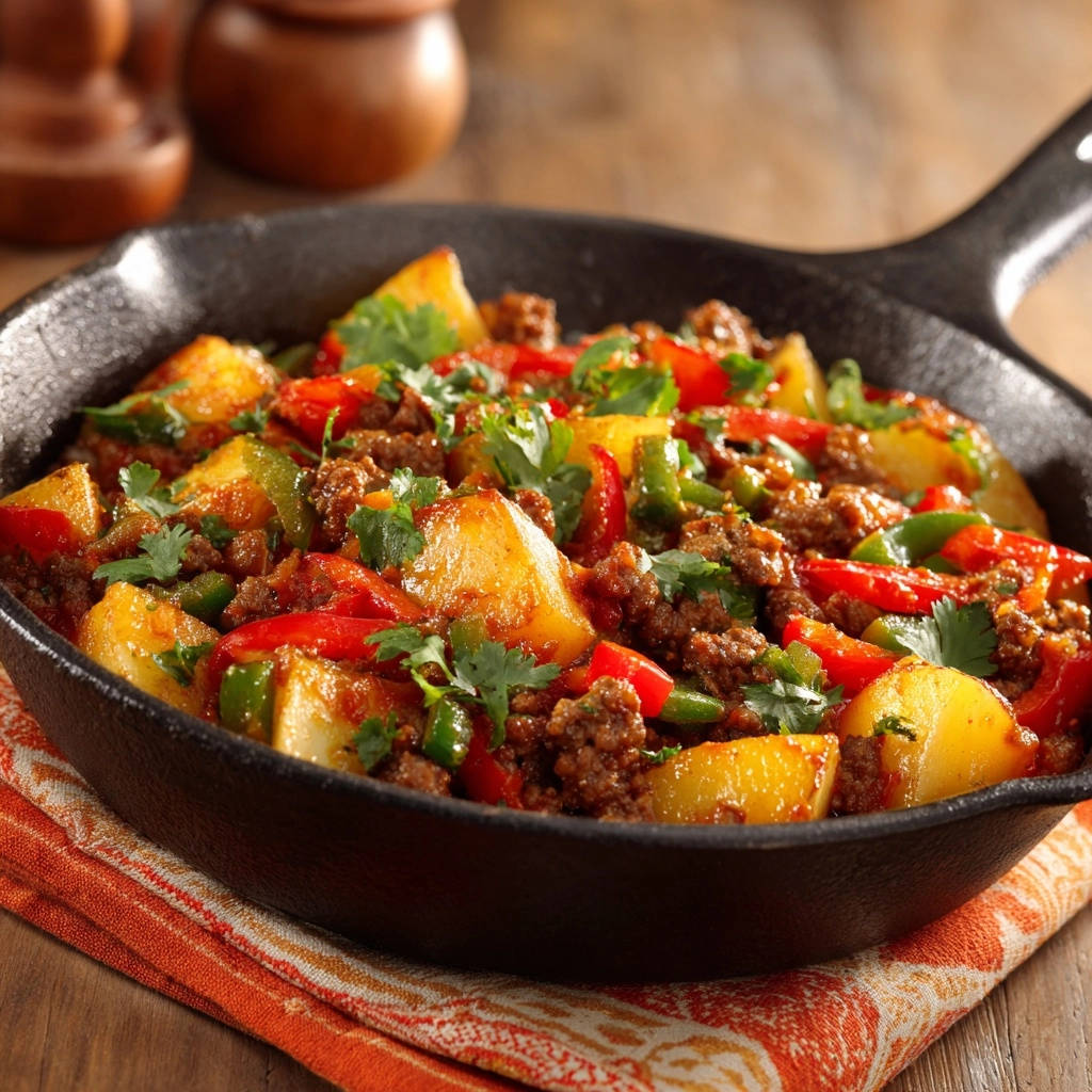 Hearty skillet hash in a cast-iron pan, featuring potatoes, ground meat, and peppers, garnished with cilantro.