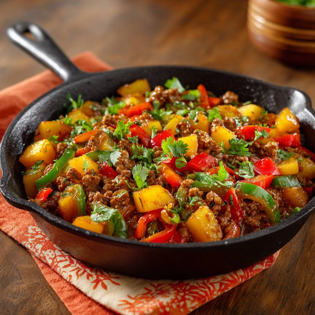 Hearty skillet hash with ground beef, potatoes, and bell peppers in a cast iron pan, garnished with fresh cilantro.