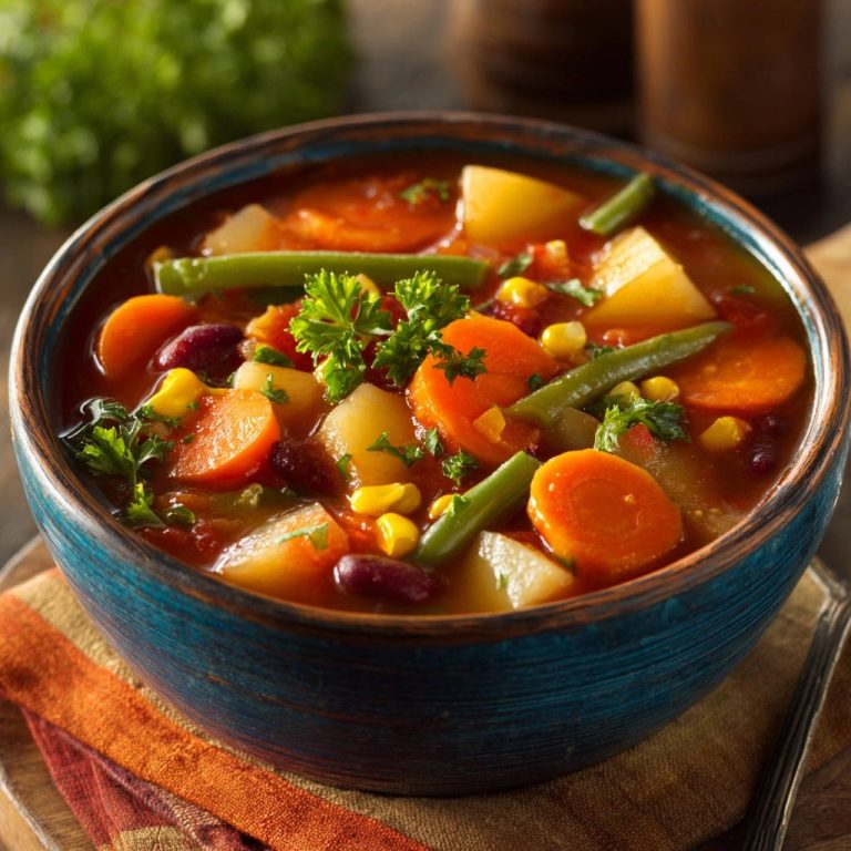 Hearty vegetable soup served in a rustic blue bowl, showcasing tender carrots, potatoes, green beans, and corn.