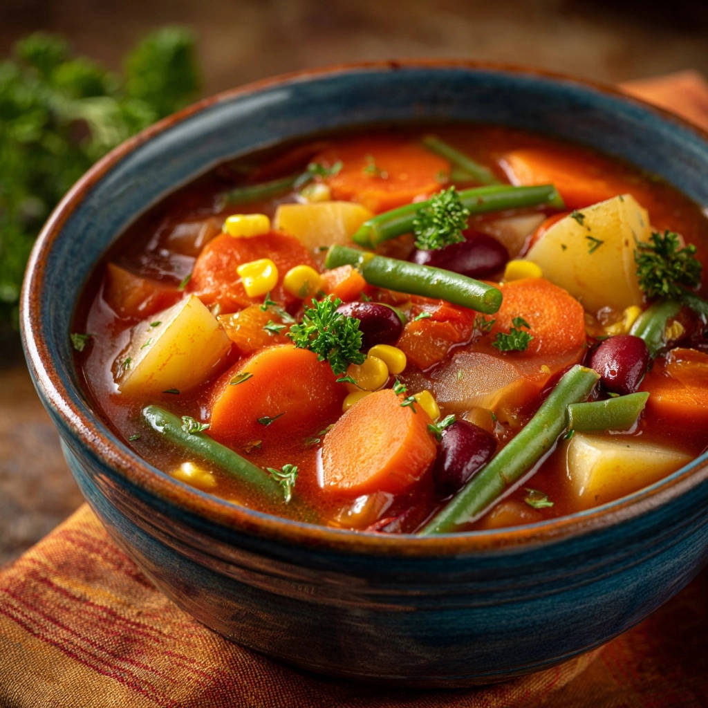 Hearty vegetable soup with tender carrots, potatoes, green beans, and corn served in a blue bowl.
