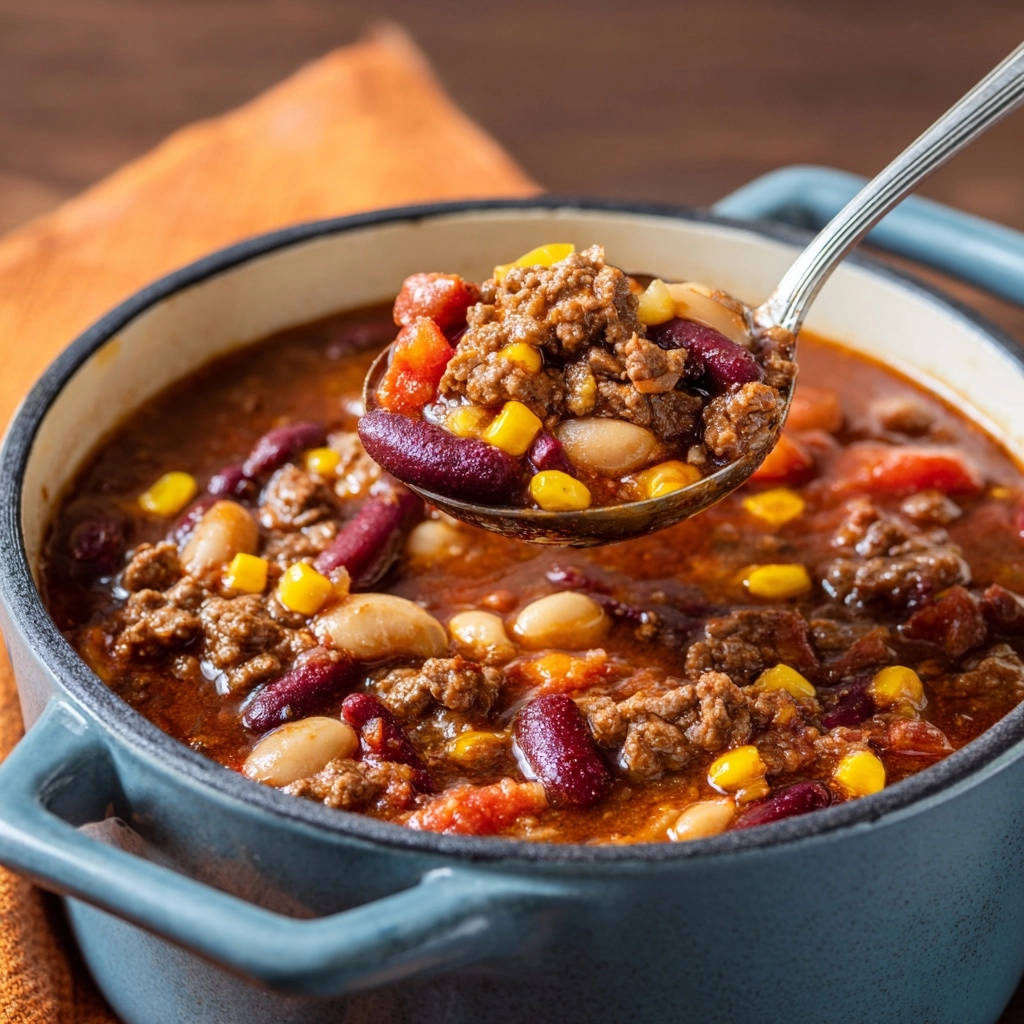 Hearty weeknight chili being scooped from a pot with a ladle, showing ground beef, beans, and corn.