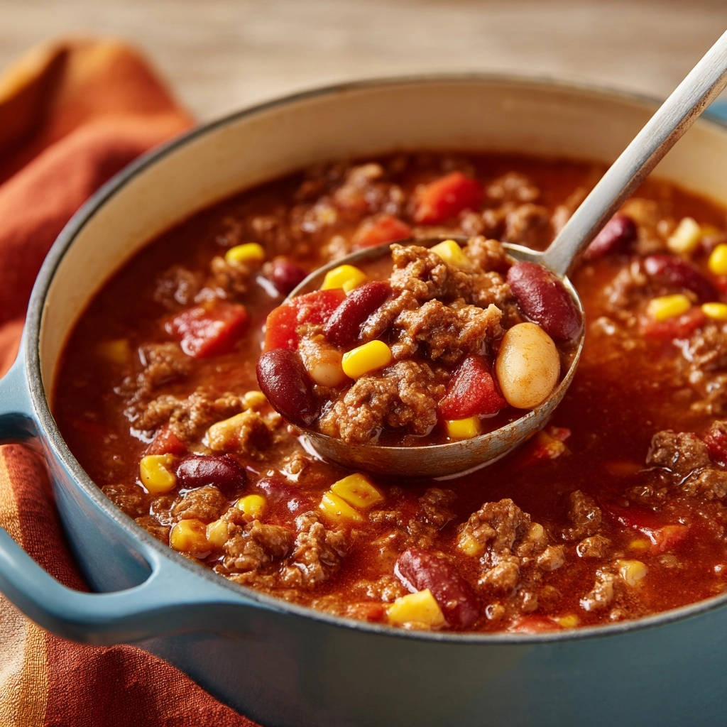 Hearty weeknight chili with a ladleful showing ground beef, kidney beans, corn, and tomatoes.