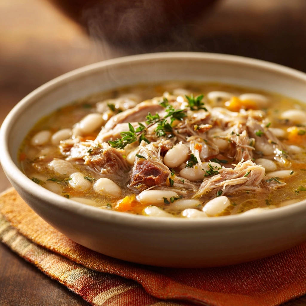 Hearty white bean and shredded chicken stew served in a steaming bowl topped with fresh herb garnish.