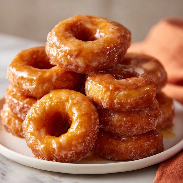 Homemade glazed donuts stacked on a white plate, showcasing their shiny glaze and fluffy texture.